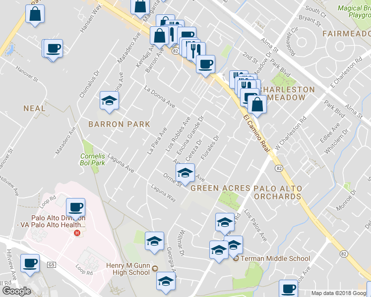 map of restaurants, bars, coffee shops, grocery stores, and more near 783 Encina Grande Drive in Palo Alto