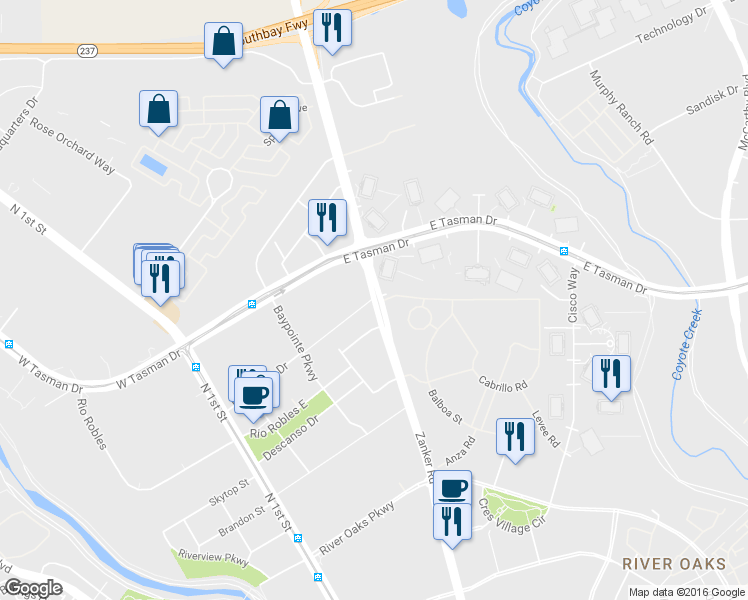 map of restaurants, bars, coffee shops, grocery stores, and more near 3811 Zanker Road in San Jose