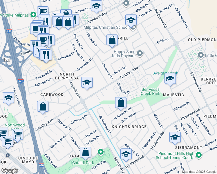 map of restaurants, bars, coffee shops, grocery stores, and more near 1898 Westminister Court in San Jose