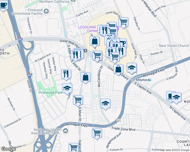 map of restaurants, bars, coffee shops, grocery stores, and more near 1355 McCandless Drive in Milpitas