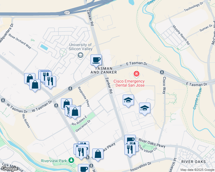 map of restaurants, bars, coffee shops, grocery stores, and more near 3750 Zanker Road in San Jose