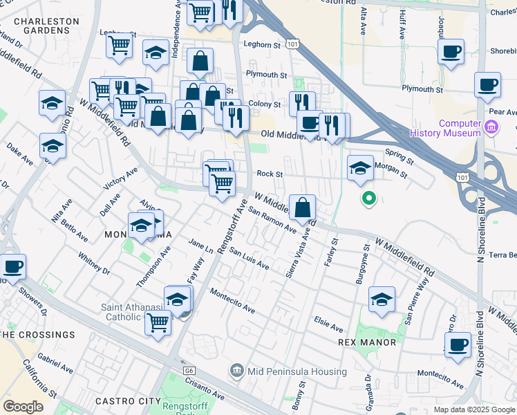 map of restaurants, bars, coffee shops, grocery stores, and more near 2035 West Middlefield Road in Mountain View