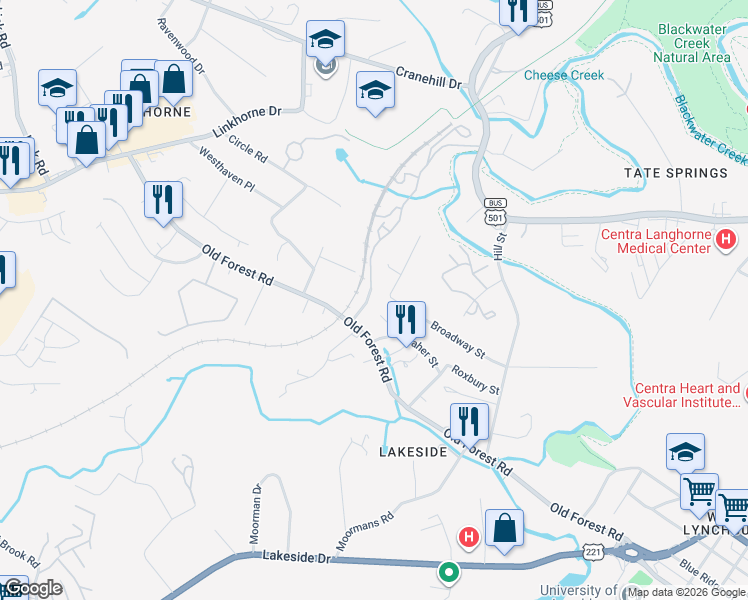 map of restaurants, bars, coffee shops, grocery stores, and more near 2937 Center Street in Lynchburg