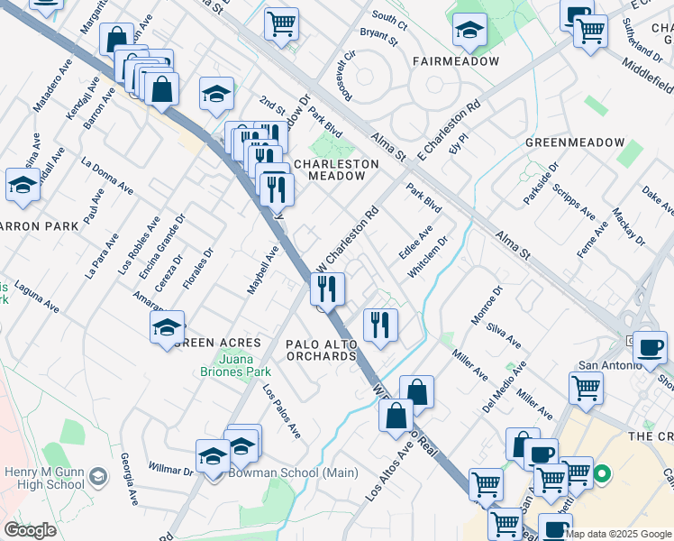 map of restaurants, bars, coffee shops, grocery stores, and more near 4208 Rickeys Way in Palo Alto