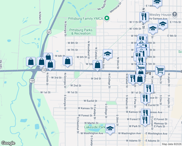 map of restaurants, bars, coffee shops, grocery stores, and more near 608 West 4th Street in Pittsburg