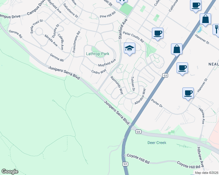 map of restaurants, bars, coffee shops, grocery stores, and more near 949 Wing Place in Stanford