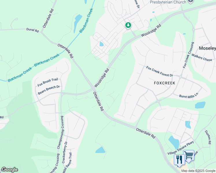 map of restaurants, bars, coffee shops, grocery stores, and more near 6615 Mayland Ridge Lane; in Moseley