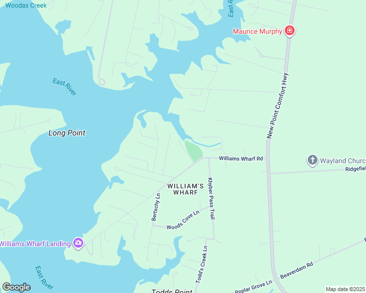 map of restaurants, bars, coffee shops, grocery stores, and more near 368 Williams Wharf Road in Mathews