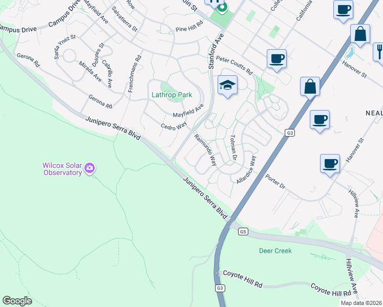 map of restaurants, bars, coffee shops, grocery stores, and more near 949 Wing Place in Stanford