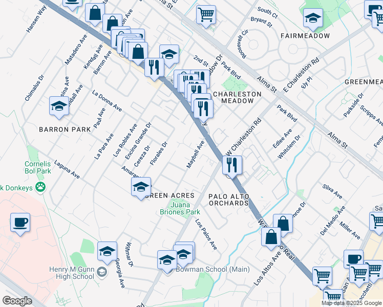 map of restaurants, bars, coffee shops, grocery stores, and more near 4155 Interdale Way in Palo Alto