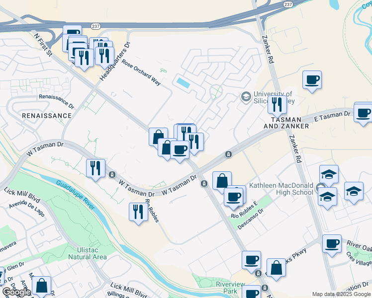 map of restaurants, bars, coffee shops, grocery stores, and more near 3730 North First Street in San Jose