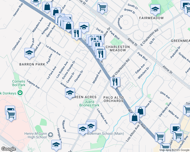 map of restaurants, bars, coffee shops, grocery stores, and more near 4155 Interdale Way in Palo Alto