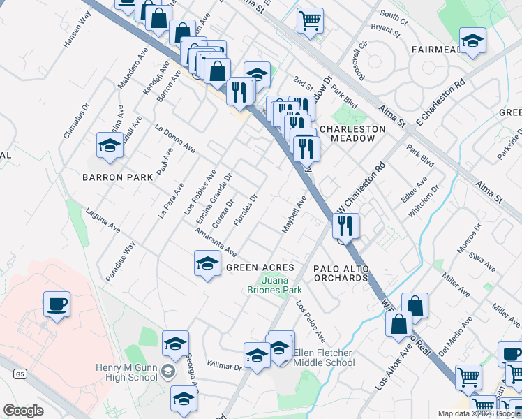 map of restaurants, bars, coffee shops, grocery stores, and more near 4164 Thain Way in Palo Alto