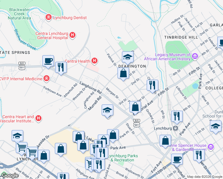 map of restaurants, bars, coffee shops, grocery stores, and more near 118 Morgan Street in Lynchburg