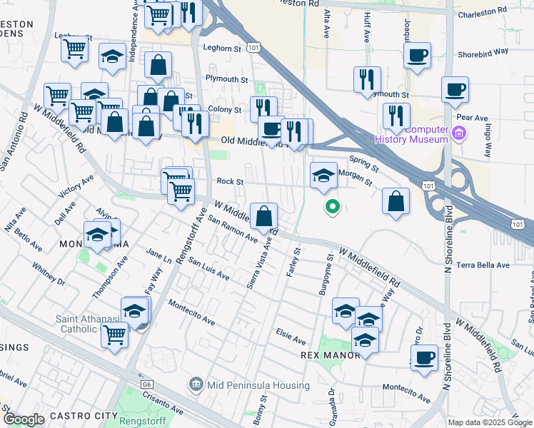 map of restaurants, bars, coffee shops, grocery stores, and more near 612 Sierra Vista Avenue in Mountain View