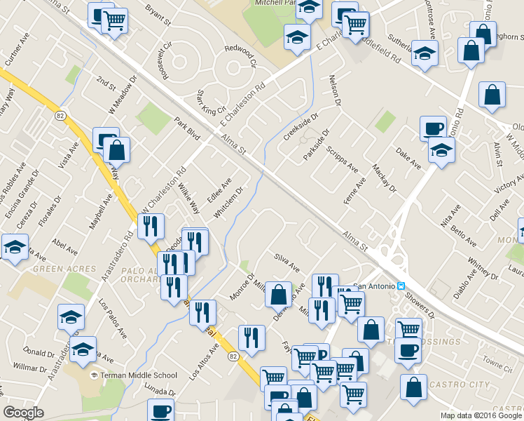 map of restaurants, bars, coffee shops, grocery stores, and more near 282 Monroe Drive in Mountain View