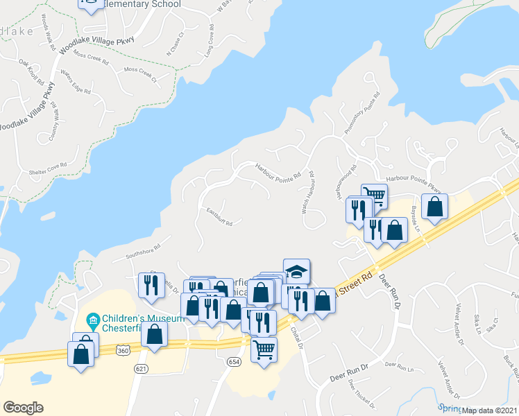 map of restaurants, bars, coffee shops, grocery stores, and more near 13903 North Point Road in Midlothian