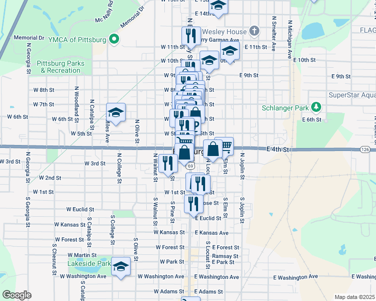 map of restaurants, bars, coffee shops, grocery stores, and more near 319 North Broadway Street in Pittsburg