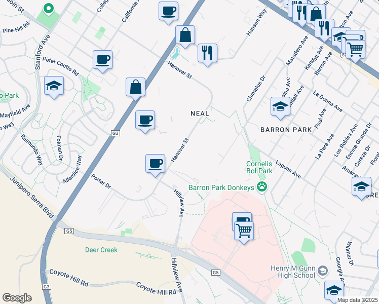 map of restaurants, bars, coffee shops, grocery stores, and more near 3251 Hanover Street in Palo Alto