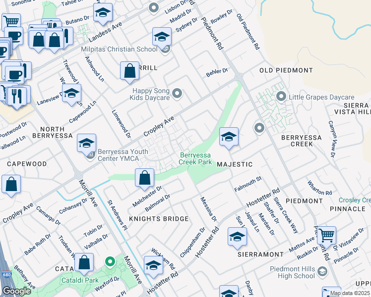 map of restaurants, bars, coffee shops, grocery stores, and more near 1914 Bluewood Circle in San Jose