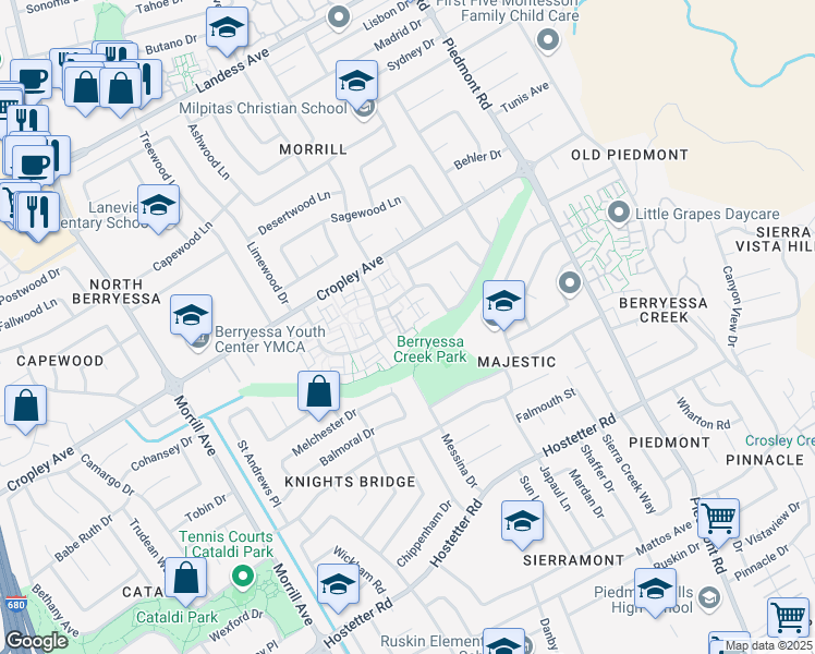 map of restaurants, bars, coffee shops, grocery stores, and more near 1914 Bluewood Circle in San Jose