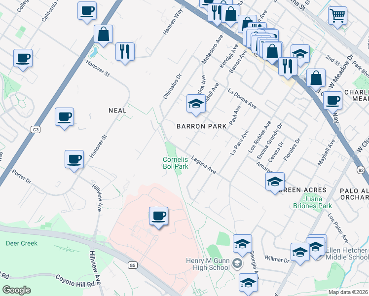 map of restaurants, bars, coffee shops, grocery stores, and more near 3691 Laguna Avenue in Palo Alto
