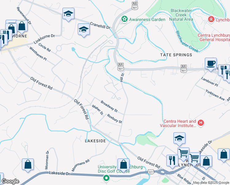 map of restaurants, bars, coffee shops, grocery stores, and more near 1114 Birchwood Drive in Lynchburg