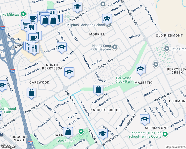 map of restaurants, bars, coffee shops, grocery stores, and more near 1903 Limewood Drive in San Jose