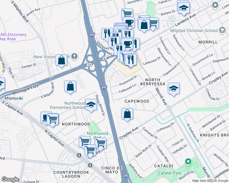 map of restaurants, bars, coffee shops, grocery stores, and more near 2896 Postwood Drive in San Jose