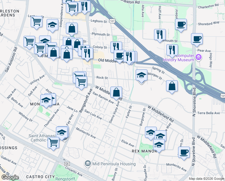 map of restaurants, bars, coffee shops, grocery stores, and more near 658 Sierra Vista Avenue in Mountain View