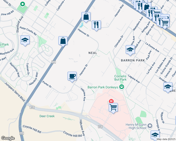 map of restaurants, bars, coffee shops, grocery stores, and more near 3251 Hanover Street in Palo Alto