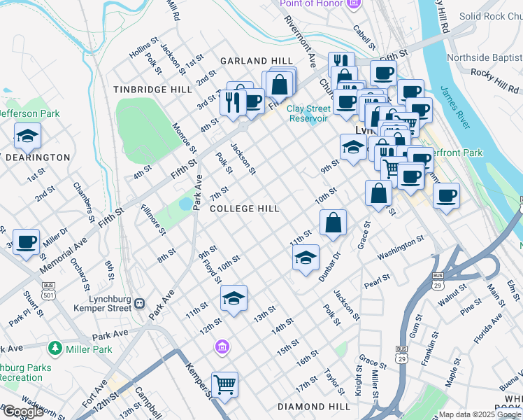 map of restaurants, bars, coffee shops, grocery stores, and more near 820 Polk Street in Lynchburg