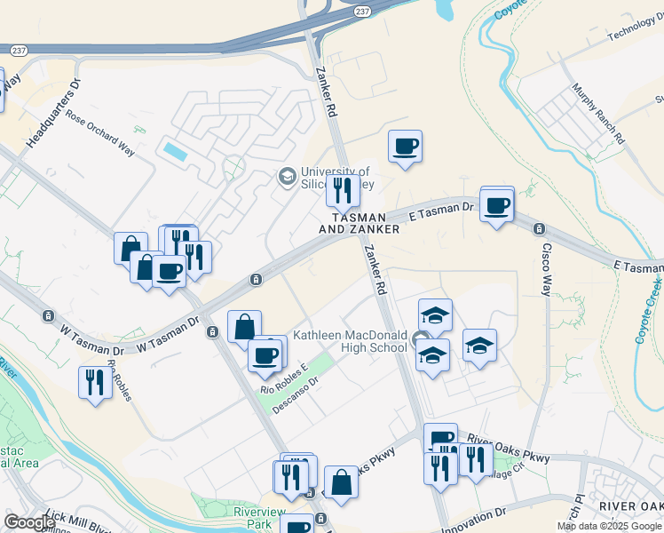 map of restaurants, bars, coffee shops, grocery stores, and more near 178 East Tasman Drive in San Jose