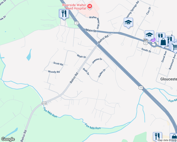 map of restaurants, bars, coffee shops, grocery stores, and more near 7217 Jeanne Drive in Gloucester