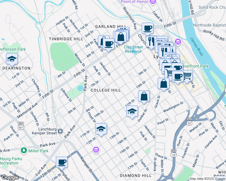 map of restaurants, bars, coffee shops, grocery stores, and more near 820 Polk Street in Lynchburg
