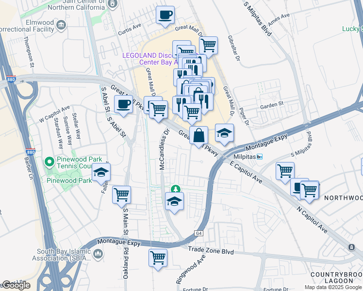 map of restaurants, bars, coffee shops, grocery stores, and more near 1463 Centre Pointe Drive in Milpitas