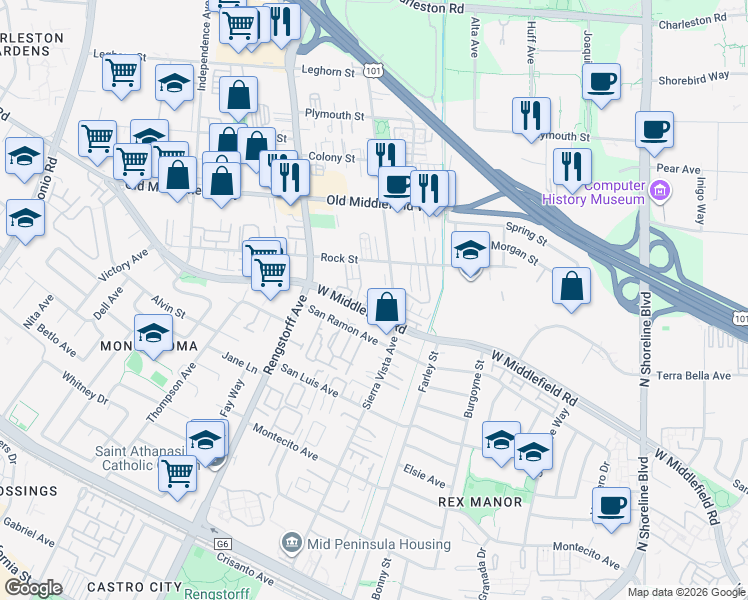 map of restaurants, bars, coffee shops, grocery stores, and more near 658 Sierra Vista Avenue in Mountain View