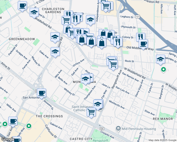 map of restaurants, bars, coffee shops, grocery stores, and more near 2440 Alvin Street in Mountain View
