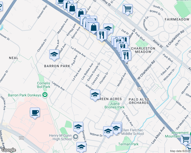 map of restaurants, bars, coffee shops, grocery stores, and more near 772 Cereza Drive in Palo Alto