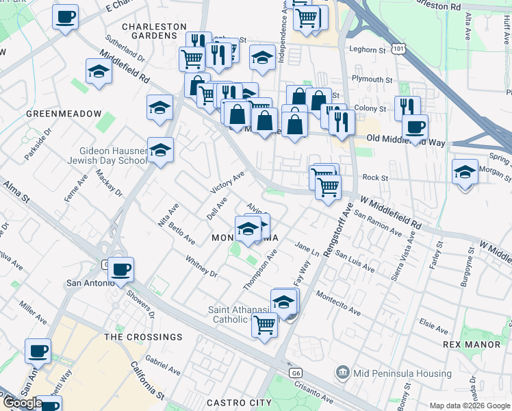 map of restaurants, bars, coffee shops, grocery stores, and more near 2440 Alvin Street in Mountain View