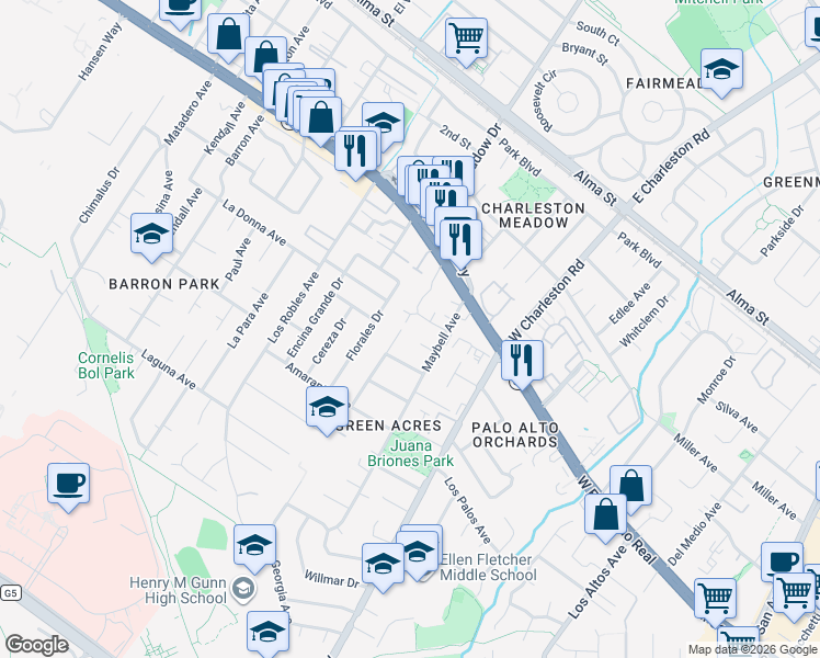 map of restaurants, bars, coffee shops, grocery stores, and more near 4148 Thain Way in Palo Alto