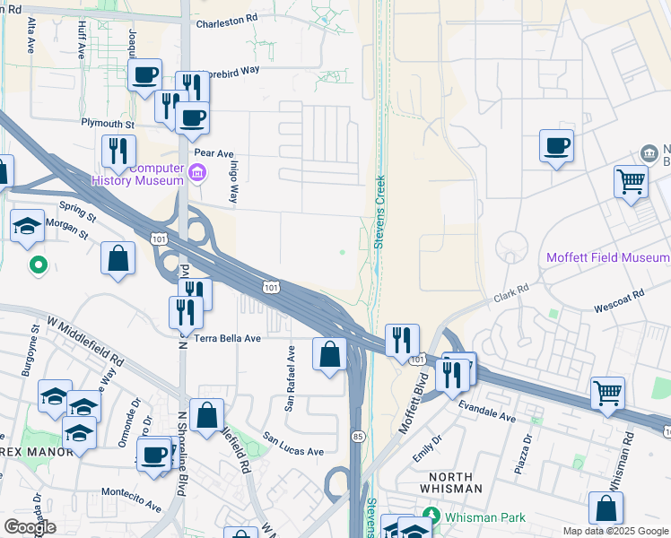 map of restaurants, bars, coffee shops, grocery stores, and more near 1065 La Avenida Street in Mountain View