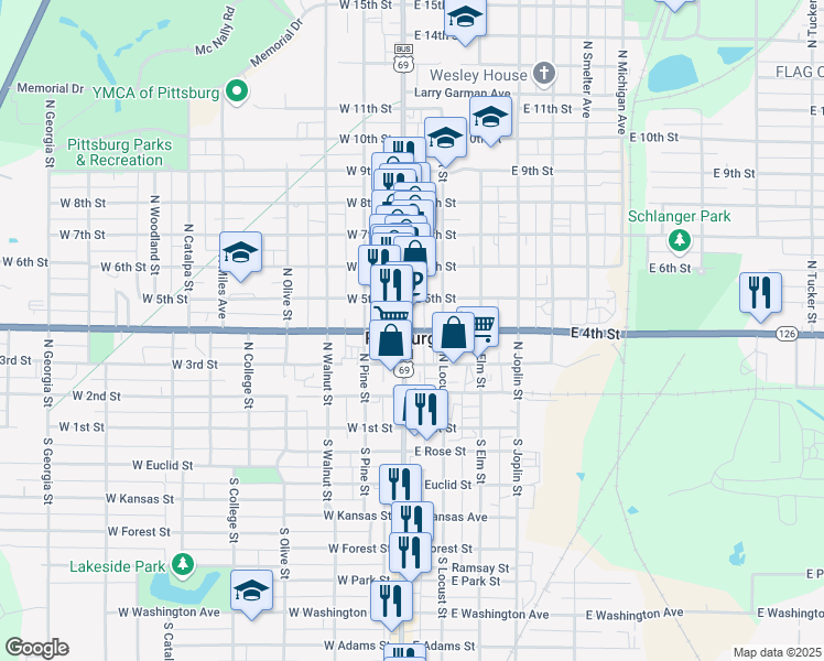 map of restaurants, bars, coffee shops, grocery stores, and more near 121 East 4th Street in Pittsburg