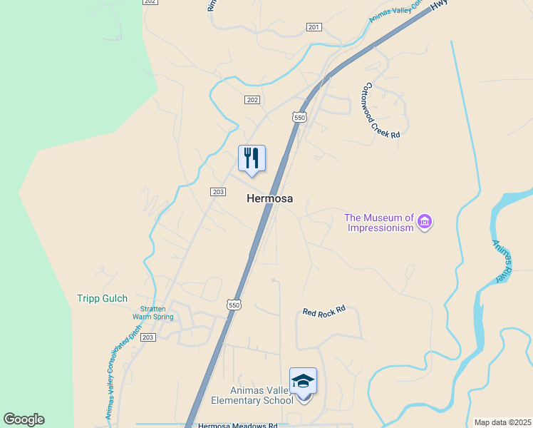 map of restaurants, bars, coffee shops, grocery stores, and more near 32243 Highway 550 in Durango