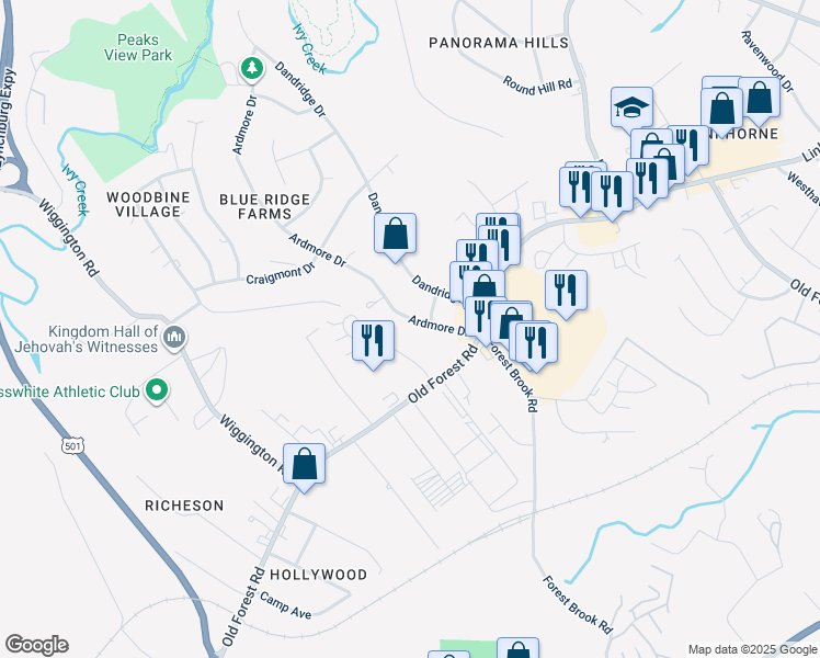 map of restaurants, bars, coffee shops, grocery stores, and more near 1017 Ardmore Drive in Lynchburg