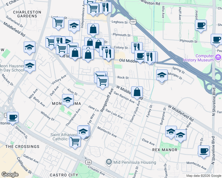 map of restaurants, bars, coffee shops, grocery stores, and more near 580 South Rengstorff Avenue in Mountain View