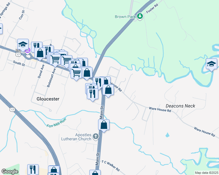 map of restaurants, bars, coffee shops, grocery stores, and more near 6852 Ware House Road in Gloucester