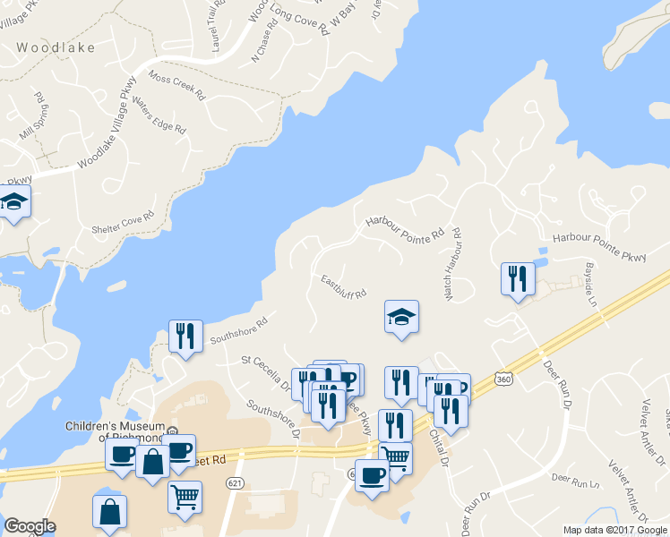 map of restaurants, bars, coffee shops, grocery stores, and more near 5908 Eastbluff Court in Midlothian
