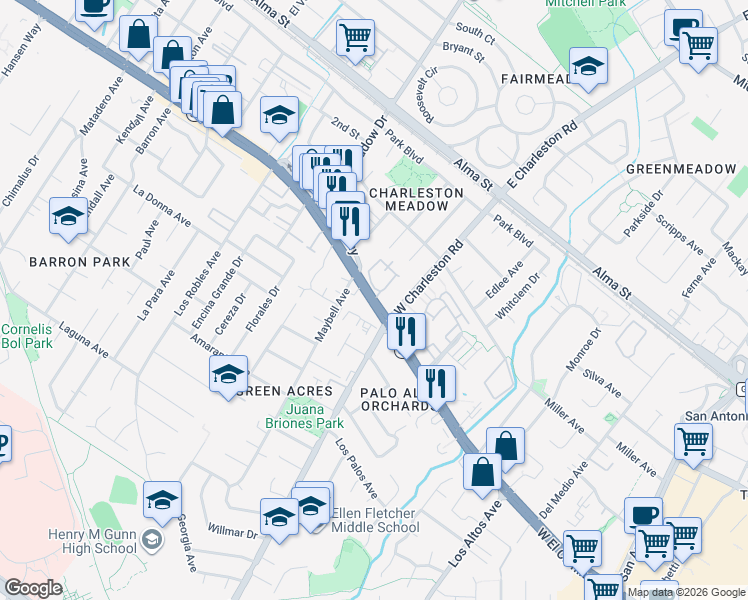 map of restaurants, bars, coffee shops, grocery stores, and more near 4173 California 82 in Palo Alto