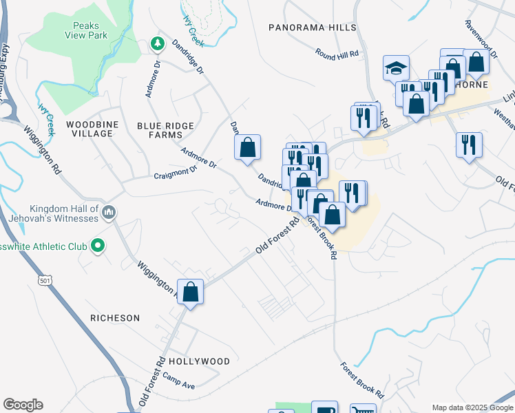 map of restaurants, bars, coffee shops, grocery stores, and more near 1017 Ardmore Drive in Lynchburg